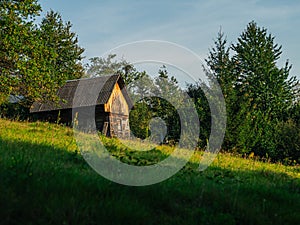 Old authentic wooden house hayloft Carpathian mountains Ukraine Europe Transcarpathia region. Eco tourism Cottagecore