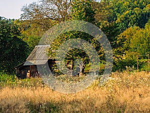 Old authentic wooden house hayloft Carpathian mountains Ukraine Europe Transcarpathia region. Eco tourism Cottagecore