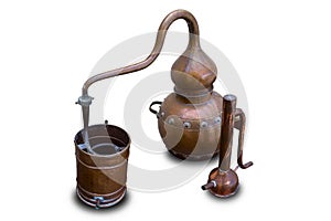Old authentical copper home distiller isolated on white background