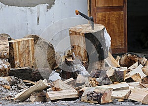 Old ax and a deck for chopping wood