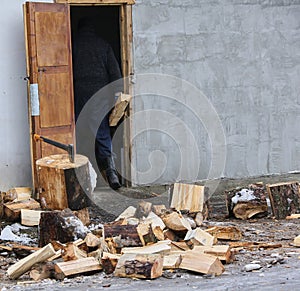 Old ax and a deck for chopping wood