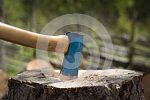 Old axe in the top of a chopping block