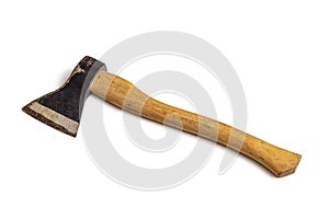 An old axe with a wooden handle, isolated on a white background