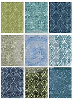 Old background images ACEO ATC cards damask decoration blue green navy