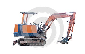 Old backhoe isolated on white, side view