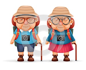 Old Backpacker Couple Photo Camera 3d Travel Realistic Cartoon Character Design Isolated Vector Illustration