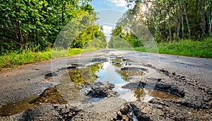 old backwoods paved road with lots of potholes with rain water pooling and uninhabited wild vegetation and trees growing on both