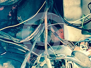 Old bad dangerous aluminum wiring in rubber insulation. Electrical unsafe wires photo