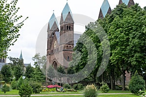 old Bad Homburg Church of Redeemer, residence Landgraves of Hesse-Homburg, beautiful flower beds in cultivated epoch-spanning