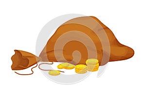 Old bag with golden coins in cartoon style isolated on white background. Money bag, treasure obgect. Ui icon, asset.