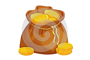 Old bag with golden coins in cartoon style isolated on white background. Money bag, treasure obgect. Ui icon, asset.