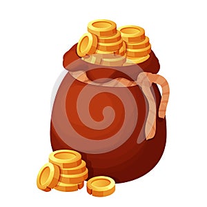 Old bag with golden coins in cartoon style isolated on white background. Money bag, treasure obgect. Ui icon, asset.