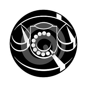 Old bakelite phone icon stylized and inscribed in a circle, monochrome black vector illustration