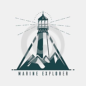 Old banner with lighthouse in mountains