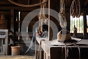 old barn with cowboy hat and rope hanging on wooden beam above stall