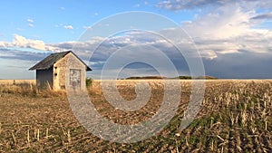 Old barn and empty field after harvesting in sunny day.