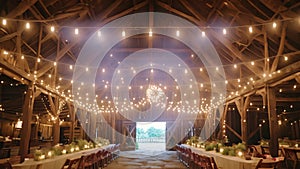 An old barn filled with warm lighting provided by strings of lights hanging from the wooden ceiling, Rustic barn wedding with