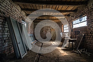 Old barn interior in the village. Vintage shed built of wood and brick, abandoned barn. Inside of a rustic stable