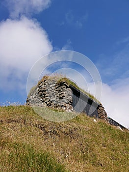 Old barn made of stones on the Mykines Island, Faroe Islands