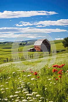 Old barn over lush green hills under summer sky