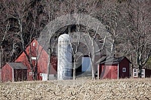 Old barn and a silo between bare trees near Deep Creek Lake Maryland