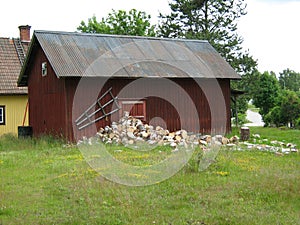 Old barn with a stack of firewood