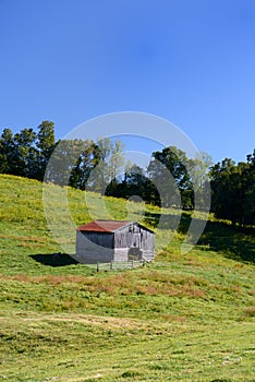 An old barn stands in the middle of a farm