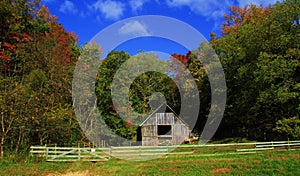 Old Barn Surrounded by Blue Sky and Fall Trees