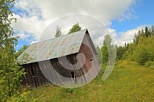 An old barn in Sweden, standing completely askew