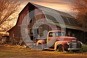 old barn with a vintage truck parked nearby