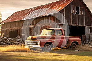 old barn with a vintage truck parked nearby