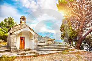 An old baroque church above the mouth of the river Cetina near Omis