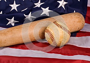 Old Baseball and Bat with American Flag