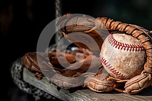 An old baseball in a leather glove with dark background