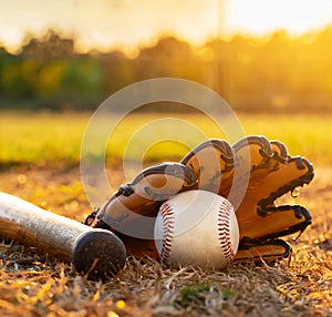 Old baseball, glove, and bat on field with base and outfield in background