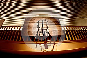 Old basketball hoop hanging in the Basketball Hall of Fame in Springfield Massachusetts