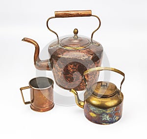 Old and battered copper kettles