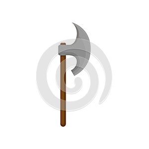 Old battle-ax with brown wooden grip. Weapon of vikings. Medieval arms. Flat vector design