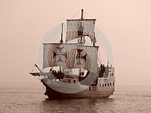 Old battle ship at sea