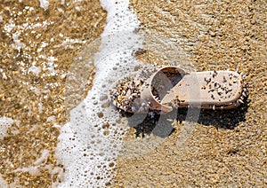 Old beach sandal, washed-up stranded