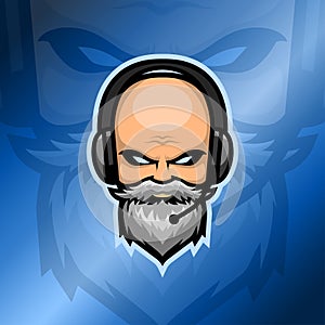 Old beard man esport logo with headset in glossy deep ocean blue gradient background