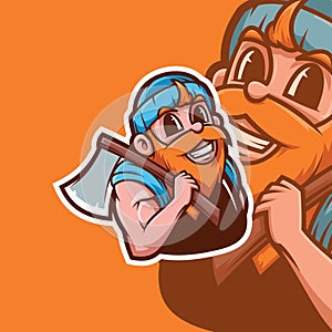 Old bearded carpenter cartoon mascot emblem logo. Woodworker holding axe illustration