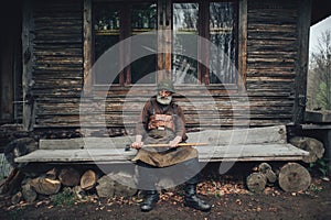 Old bearded forester with axe near wooden hut