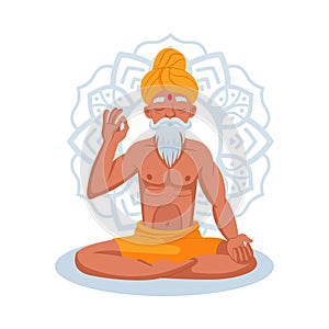 Old bearded grey-haired yogi sitting in lotus pose meditating doing breathing yoga exercise technique. Spiritual balance guru.