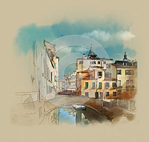 Old beautiful bridge over a canal in Venice. Italy. Watercolor sketch, illustration.