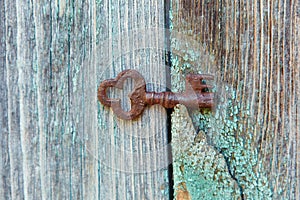 An old beautiful rusty key lies in a crack in the wooden wall