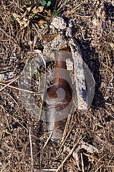 An old beer bottle thrown in field. Vertical