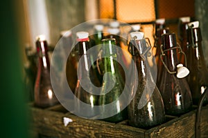 Old beer bottles in wooden cases