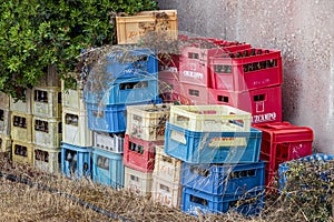 Old beer crates stacked outside Mallorca Spain