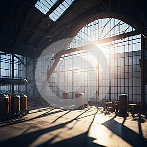 Old Beer Or Wiskey Brewery Factory, Large Metal Hangar Interior, Windows With Sun Rays, Dust, Generative AI